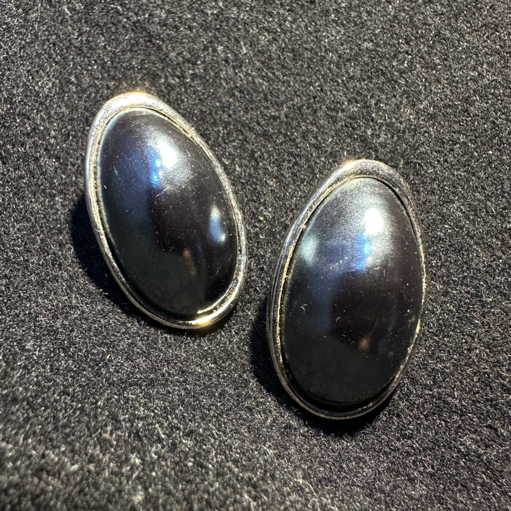 Monet Vintage Black Silver Oval Cabochon Clip On Earrings